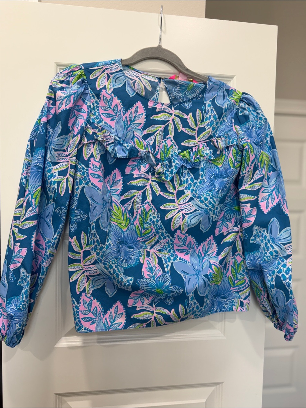 Lilly Pulitzer Teal Blue Tropical Ruffle-Front Blouse